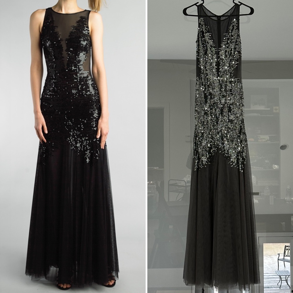 Basix Black Label Formal Gray/Silver Sheer Mesh Sequin Panel Gown - 0